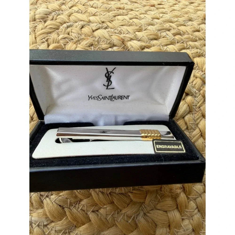 Yves Saint Laurent Tie Clip Bar Engravable Silver Gold New Mens Suit Wedding